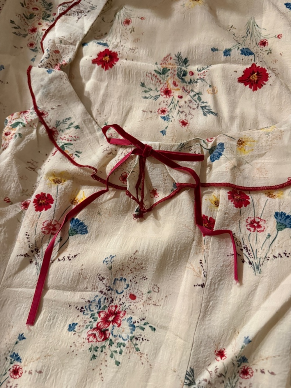 Floral Tie-Front Cotton Dress in Cream and Red